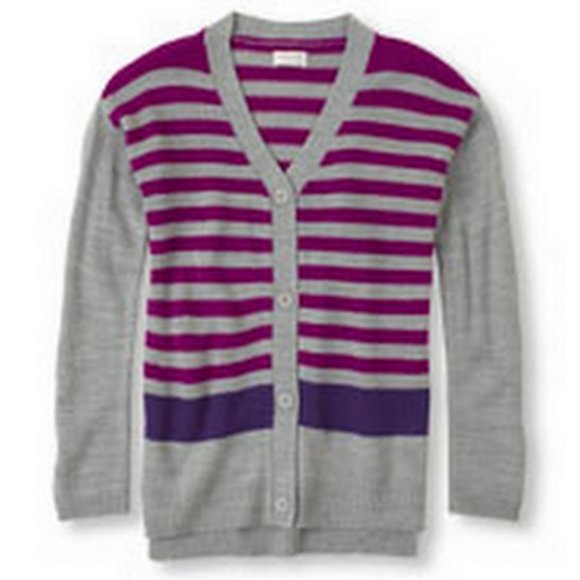 The Children's Place Girls Knit Sweater Purple Gray Striped Cardigan S, … - Picture 1 of 5